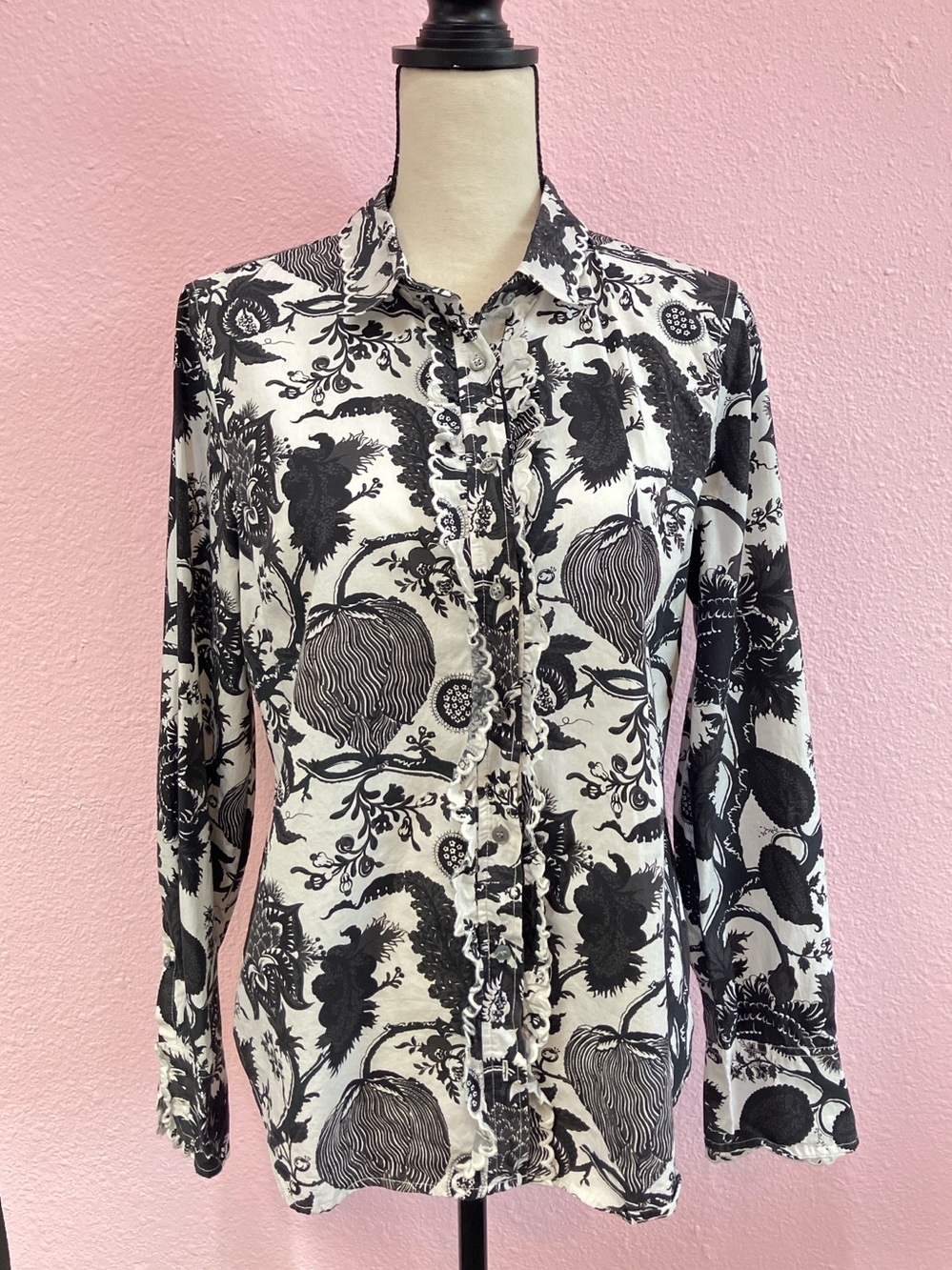 J. Crew Black and White Floral Ruffle Button-Down Shirt size 12